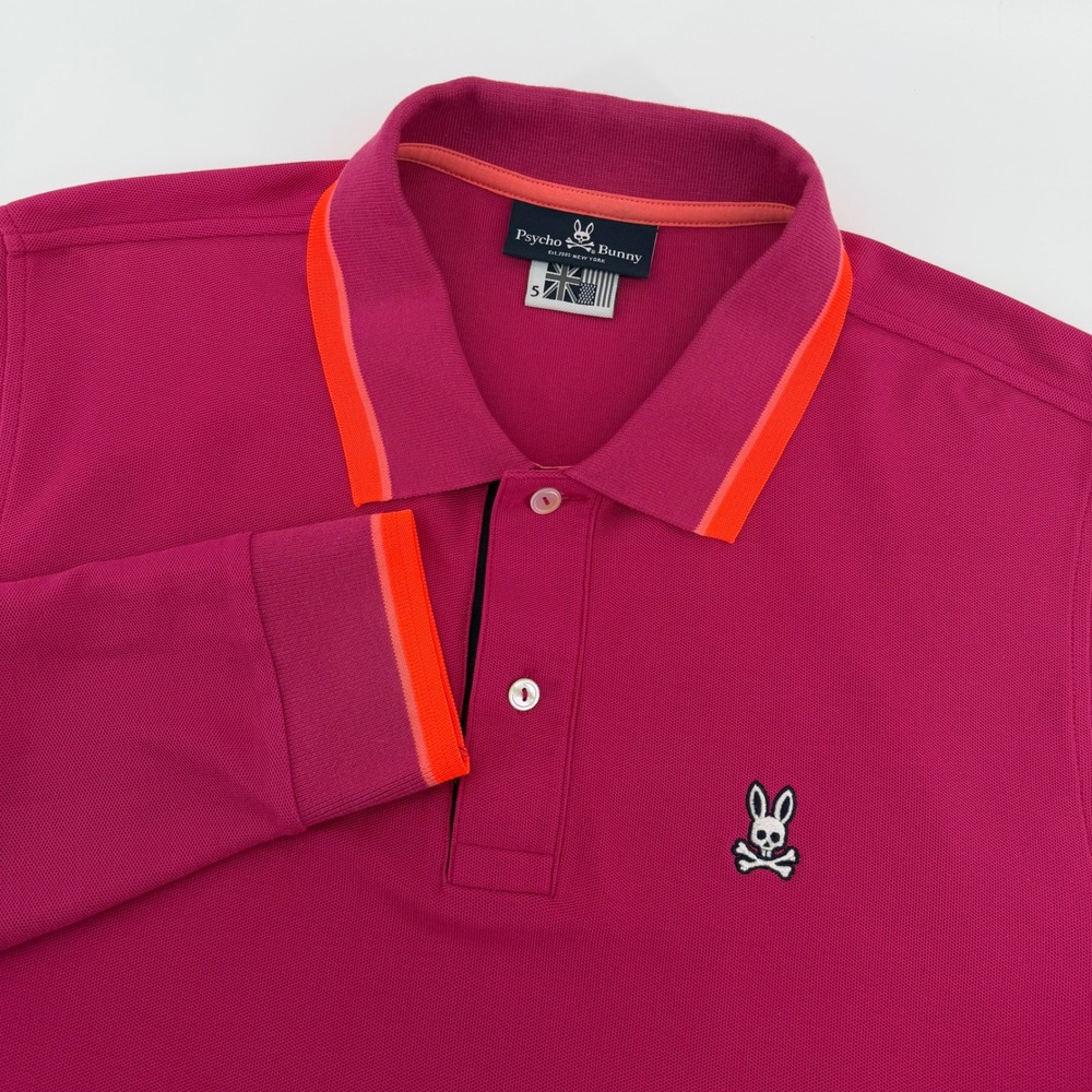 Psycho Bunny Polo Shirt Mens 5 Large Magenta Pink Long Sleeve Tipped Pima Cotton